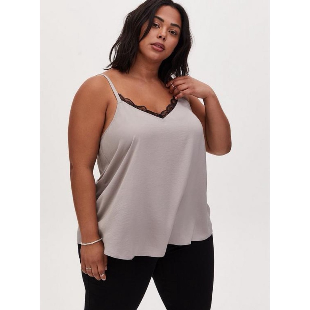 NWT Torrid Sophie Satin Lace Trim Swing Cami Tank Top Ash Grey Black